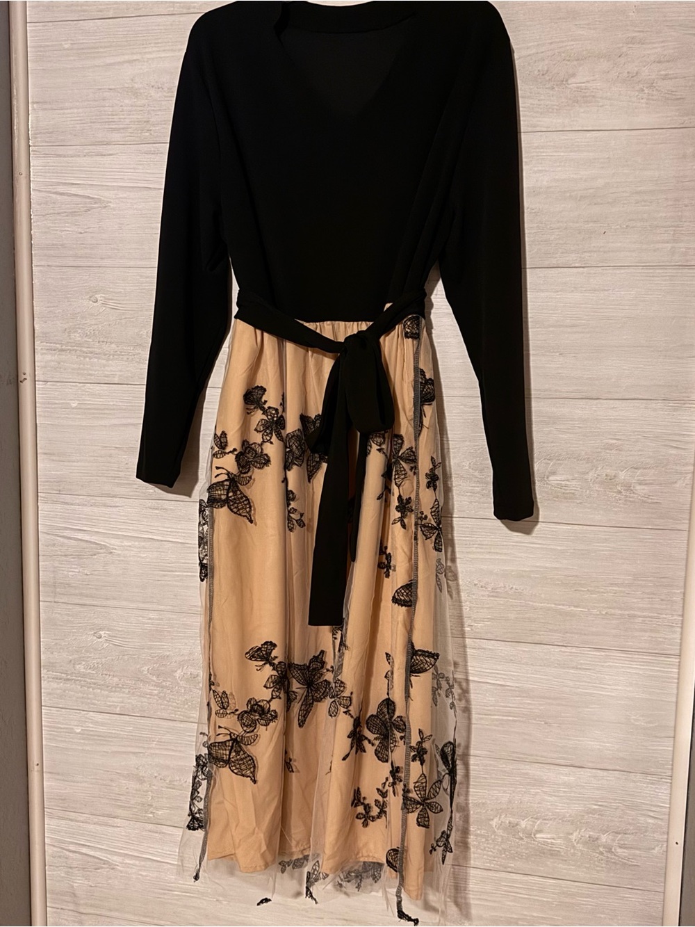 SHEIN Black Top Beige Floral Lace Overlay Long Sleeve Dress
